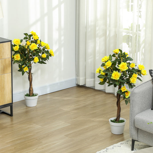 Toysnug Set Of 2 Artificial Plants Yellow  Green Rose Floral In Pot