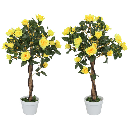 Toysnug Set Of 2 Artificial Plants Yellow  Green Rose Floral In Pot